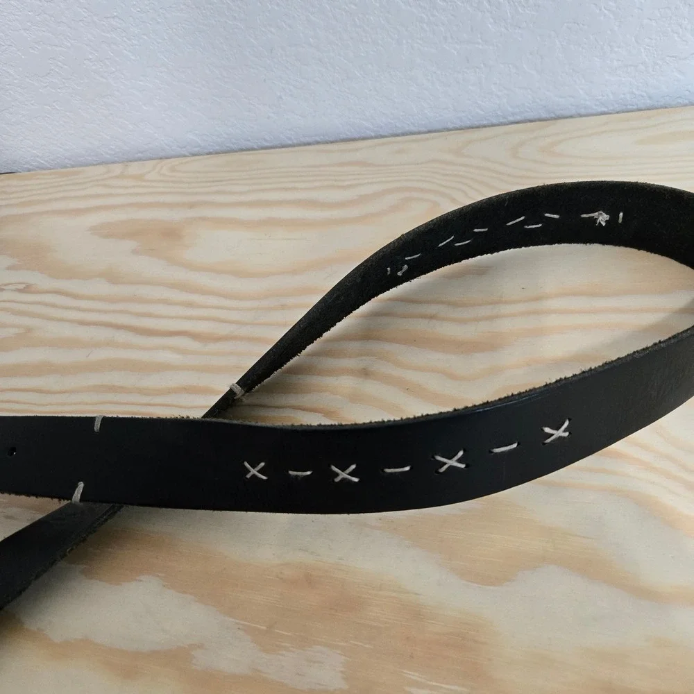 Sugarcrane Genuine Leather Belt Black Metal Buckle Decorative Stitching Mens L